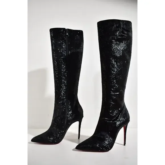 Christian Louboutin Kate Botta 100 Black Velours Papillon Knee Heel Boot 37.5 - Picture 10 of 12